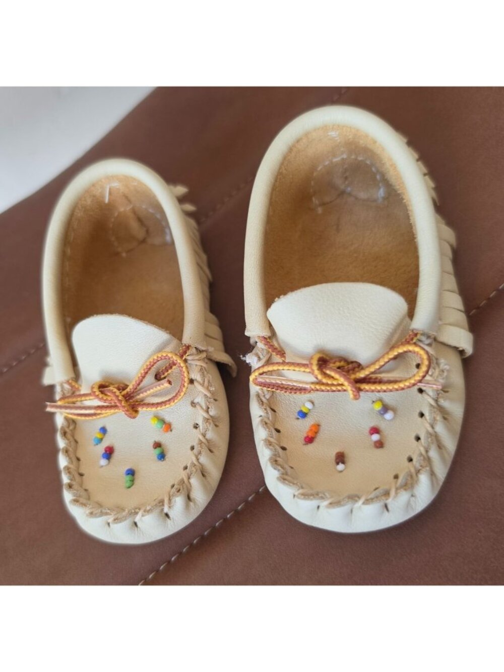 Handmade Baby Moccasins Cream Leather Beaded Fringe Soft Sole Infant Shoes